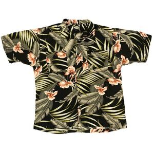 Tommy Bahama Mens Large Black Tropical Palm Floral Rayon Camp Shirt RN 86549